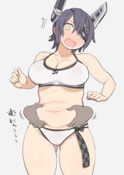 Rule 34 | ^^^, 10s, 1girl, belly, belly grab, bikini, blush, breasts, bright pupils, collarbone, cowboy shot, disembodied hand, eyepatch, full-face blush, halterneck, headgear, kantai collection, large breasts, long hair, navel, nora higuma, open mouth, plump, purple hair, short hair, simple background, surprised, swimsuit, tenryuu (kancolle), weight conscious, yellow eyes