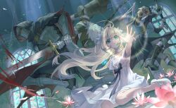 2boys 2girls absurdres ball_and_chain_(weapon) blue_eyes cloak dress ender_lilies_quietus_of_the_knights floating_hair flower gerrod_the_elder_warrior guardian_siegrid highres holding holding_sword holding_weapon hood hooded_cloak indoors jewelry jyuma knight light_rays lily_(ender_lilies) long_hair multiple_boys multiple_girls necklace nun pendant red_eyes sitting sword umbral_knight_(ender_lilies) war_hammer water_lily_flower weapon white_dress white_hair window