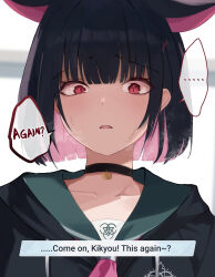 Rule 34 | ..., 1girl, ?, alternate language, animal ears, black choker, black hair, black jacket, blue archive, blunt bangs, blunt ends, blush, bob cut, breath, cat ears, choker, collarbone, colored inner hair, commentary request, dialogue options, dio nand, disappointed, english text, extra ears, gameplay mechanics, hair ornament, hairclip, halo, heavy breathing, highres, hood, hooded jacket, jacket, kazusa (blue archive), looking at viewer, multicolored hair, neckerchief, open mouth, parted lips, pink eyes, pink hair, pink neckerchief, portrait, short hair, solo, spoken ellipsis, sweatdrop, two-tone hair, user interface, wide-eyed