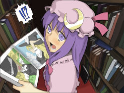 Rule 34 | !, !?, 1girl, ?, artist request, blonde hair, book, bookshelf, cloud, female focus, hair ribbon, hat, indoors, kirisame marisa, koma neko, library, open book, open mouth, patchouli knowledge, photo (object), purple eyes, purple hair, reading, ribbon, sleeping, solo, surprised, touhou, upper body, voile, witch, witch hat, yellow eyes