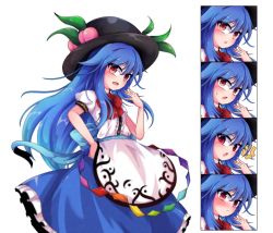 Rule 34 | 1girl, anger vein, black hat, blue bow, blue hair, blue skirt, bow, center frills, collared shirt, cowboy shot, dress shirt, food, frilled skirt, frills, fruit, hand on own hip, hat, highres, hinanawi tenshi, leaf, long hair, long skirt, looking at viewer, neck ribbon, open mouth, peach, puffy short sleeves, puffy sleeves, rainbow order, red bow, red eyes, red ribbon, ribbon, shen li, shirt, short sleeves, skirt, solo, sweatdrop, touhou, transparent background, white background, white shirt