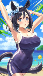 Rule 34 | 1girl, :o, absurdres, animal ears, armpits, arms up, ball, beach, beachball, black hair, black ribbon, blue eyes, blue one-piece swimsuit, blue school swimsuit, blue sky, blunt ends, blush, bob cut, bow, breasts, cleavage, clenched hand, clothing cutout, cloud, commentary request, covered navel, cowboy shot, day, ear ornament, ear ribbon, ear scrunchie, eishin flash (umamusume), from side, hair between eyes, highres, horizon, horse ears, horse girl, horse tail, large breasts, light rays, looking at viewer, medium hair, mikumo (lpmkookm), nontraditional school swimsuit, ocean, one-piece swimsuit, open mouth, outdoors, palm leaf, palm tree, parted bangs, ribbon, school swimsuit, scrunchie, sideboob, single vertical stripe, sky, solo, standing, straight hair, striped ribbon, sunbeam, sunlight, swimsuit, tail, tail through clothes, taut clothes, tracen swimsuit, tree, umamusume, water, wet, wet clothes, wet swimsuit, white scrunchie