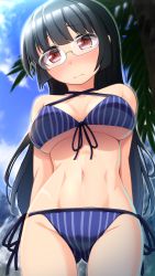 Rule 34 | 1girl, absurdres, alternate costume, bikini, black hair, blue bikini, blue sky, breasts, choukai (kancolle), criss-cross halter, day, from below, front-tie bikini top, front-tie top, glasses, halterneck, highres, kantai collection, large breasts, long hair, narashika asuka, navel, outdoors, palm leaf, red eyes, side-tie bikini bottom, sky, solo, striped bikini, striped clothes, swimsuit, vertical-striped bikini, vertical-striped clothes