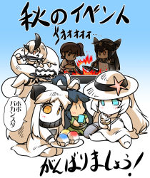 Rule 34 | 6+girls, abyssal ship, apron, arm guards, barefoot, blue eyes, brown eyes, brown hair, chopsticks, collar, comic, commentary request, dress, eating, fire, fish, food, hair ornament, hat, headgear, heavy cruiser princess, hisahiko, holding, holding plate, horns, ice cream, japanese clothes, kaga (kancolle), kantai collection, katsuragi (kancolle), kneeling, crossed legs, long hair, multiple girls, multiple tails, nagato (kancolle), new submarine princess, northern ocean princess, orange eyes, plate, ponytail, popsicle, saury, side ponytail, sitting, sleeveless, sleeveless dress, smoke, soft serve, starfish, sun hat, sundress, tail, tongue, tongue out, translation request, white hair