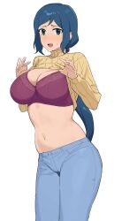 Rule 34 | absurdres, bad id, bad twitter id, blush, breasts, clothes lift, denim, dwayne hakkai 2, gundam, gundam build fighters, highres, iori rinko, jeans, large breasts, pants, shirt lift, simple background, tagme, white background