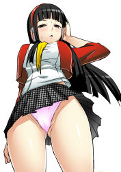 Rule 34 | 1girl, :&lt;, amagi yukiko, black hair, blush, breasts, brown eyes, cameltoe, cowboy shot, from below, hand on headphones, headphones, highres, hime cut, houndstooth, large breasts, long hair, looking at viewer, okyou, open mouth, panties, pantyshot, parted lips, persona, persona 4, persona 4: dancing all night, persona dancing, pink panties, pleated skirt, shirt, simple background, skirt, solo, standing, sweat, taut clothes, taut shirt, thighs, underwear, upskirt, white background
