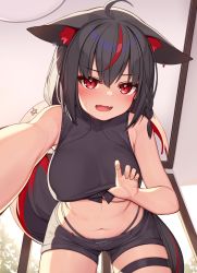 Rule 34 | 1girl, :d, ahoge, all fours, animal ear fluff, animal ears, bare arms, black hair, black shorts, blush, breasts, ceiling light, clothes lift, crop top, deaver, ear piercing, fox ears, fox girl, fox tail, from below, highres, hololive, kurokami fubuki, large breasts, lifted by self, long hair, looking at viewer, multicolored hair, navel, open mouth, piercing, red eyes, red hair, revision, shirt lift, short shorts, shorts, smile, solo, stomach, streaked hair, tail, thigh strap, underboob, very long hair, virtual youtuber