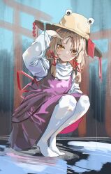 Rule 34 | 1girl, absurdres, blonde hair, blush, brown hat, closed mouth, commentary, english commentary, full body, hair ribbon, hat, highres, long hair, long sleeves, looking at viewer, moriya suwako, purple skirt, purple vest, red ribbon, revision, ribbon, shirt, skirt, solo, thighhighs, touhou, tress ribbon, vanilla flan, vest, white shirt, white thighhighs, yellow eyes