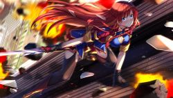 Rule 34 | &gt;:(, 10s, 1girl, black gloves, black thighhighs, blue eyes, blurry, blush, braid, breasts, building, cleavage, cleavage cutout, clothing cutout, depth of field, explosion, from side, frown, garter straps, glint, gloves, highres, holding, holding sword, holding weapon, large breasts, long hair, looking away, motion blur, parted lips, re:creators, red hair, rubble, selesia upitiria, short sleeves, solo, sword, swordsouls, thighhighs, twin braids, v-shaped eyebrows, very long hair, weapon