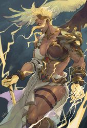 Rule 34 | abs, belt, blonde hair, breasts, cleavage, dark skin, glowing, glowing eyes, glowing hand, highres, jewelry, junker queen (overwatch), large breasts, lightning, muscular, muscular female, open mouth, overwatch, overwatch 2, shadowyahaha, short hair, skirt, thick thighs, thighs, wings
