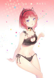 Rule 34 | 10s, 1girl, :o, alternate costume, animal ears, arm support, bad id, bad pixiv id, bell, black panties, blush, breasts, cat cutout, cat ear panties, cat ears, cat lingerie, character name, choker, cleavage, cleavage cutout, clothing cutout, collarbone, ekita kuro, fake animal ears, frills, gluteal fold, gradient background, groin, hairband, heart, highres, jingle bell, looking at viewer, love live!, love live! school idol project, meme attire, navel, neck bell, nishikino maki, open mouth, panties, paw pose, paw print, purple eyes, red hair, side-tie panties, sitting, small breasts, solo, star (symbol), stomach, swept bangs, thigh gap, underwear, underwear only, white background