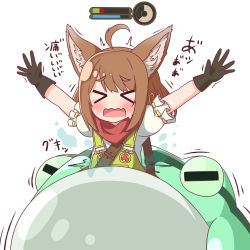 Rule 34 | &gt; &lt;, 1girl, ahoge, animal, animal ear fluff, animal ears, bandana, black gloves, blush, brown hair, character request, closed eyes, creature, drooling, facing viewer, frog, gameplay mechanics, giant toad, gloves, hana kazari, health bar, highres, kono subarashii sekai ni shukufuku wo!, long hair, mouth drool, open mouth, outstretched arms, overalls, puffy short sleeves, puffy sleeves, red bandana, saliva, shirt, short sleeves, simple background, solo, sweat, toad (animal), translation request, trembling, upper body, vore, wavy mouth, white background, white shirt