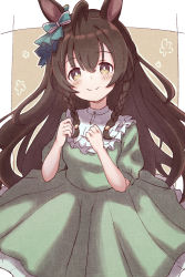 Rule 34 | 1girl, ahoge, animal ears, blue bow, blush, bow, braid, brown background, brown eyes, brown hair, clenched hands, closed mouth, commentary request, dress, ear bow, frilled dress, frills, green bow, green dress, hair between eyes, hands up, highres, horse ears, long hair, looking at viewer, mejiro bright (umamusume), puffy short sleeves, puffy sleeves, short sleeves, smile, solo, sunanuko (ramuneko), twin braids, two-tone background, umamusume, very long hair, white background