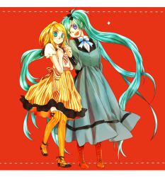 Rule 34 | 2girls, blonde hair, blue eyes, boots, cross-laced footwear, dress, green eyes, green hair, hair ornament, hairclip, holding hands, hatsune miku, highres, kagamine rin, lace-up boots, letterboxed, long hair, multiple girls, open mouth, red background, rose09, short hair, thighhighs, twintails, very long hair, vocaloid, wink, yellow legwear