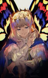 Rule 34 | 1boy, arthropod boy, blonde hair, blue cape, blue eyes, bug, butterfly, butterfly on hand, butterfly wings, cape, closed mouth, diamond hairband, fate/grand order, fate (series), galibo, grey background, half-closed eyes, highres, insect, insect wings, looking at viewer, male focus, multicolored wings, oberon (fate), shirt, smile, solo, upper body, white shirt, wings