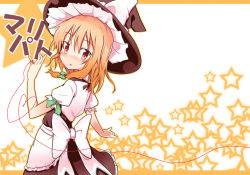 Rule 34 | 1girl, apron, blush, bow, female focus, hair bow, hat, hat bow, kirisame marisa, maiku, open mouth, orange eyes, puffy sleeves, short sleeves, solo, star (symbol), string, string of fate, touhou, witch hat