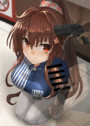 Rule 34 | 1boy, 1girl, alternate costume, angry, bar censor, breasts, brown eyes, brown hair, censored, commission, dark-skinned male, dark skin, erection, flower hair ornament, full body, gun, gun to head, hair ornament, hetero, imminent fellatio, imminent rape, kantai collection, kneeling, large breasts, long hair, looking at viewer, name tag, on floor, peril, ponytail, shirt, skeb commission, solo focus, striped clothes, striped shirt, toka (marchlizard), weapon, yamato (kancolle)
