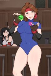 Rule 34 | 1boy, 2girls, ?, afrobull, bar (place), bare arms, black hair, blue leotard, breasts, brown eyes, brown hair, condom, condom wrapper, curvy, elbow gloves, final fantasy, final fantasy vii, final fantasy vii remake, fingerless gloves, gloves, headband, highres, indoors, jessie rasberry, leotard, long hair, looking at another, looking at viewer, looking to the side, materia, medium breasts, multiple girls, narrow waist, naughty face, ponytail, red eyes, red gloves, red headband, red sleeves, seductive smile, smile, square enix, standing, swept bangs, thick thighs, thighs, tifa lockhart, tongue, tongue out, video game, wide-eyed, wide hips, wrist cuffs, wrist wrap