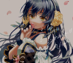 1girl, artist name, artist request, bare shoulders, birthday, black hairband, blue dress, blue hair, blue ribbon, blue scrunchie, blush, bow, breasts, brown bow, brown eyes, bush, choker, cleavage, detached sleeves, dress, female focus, flower, frilled dress, frills, hair between eyes, hair flower, hair ornament, hairband, happy birthday, highres, holding, holding petal, long hair, looking at viewer, love live!, love live! school idol festival, love live! school idol project, medium breasts, nail, nail polish, parted lips, petals, pink nail polish, pink nails, pink petals, plaid, plaid dress, puffy short sleeves, puffy sleeves, ribbon, ribbon-trimmed sleeves, ribbon trim, rose, scrunchie, short sleeves, sleeveless, sleeveless dress, smile, solo, sonoda umi, sweatband, upper body, wrist scrunchie, yellow eyes, yellow flower, yellow ribbon, yellow rose