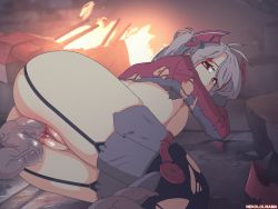 Rule 34 | 1girl, ahoge, animated, animated gif, ass, azur lane, blood, bottomless, breasts, clitoris, defeat, defloration, fire, from behind, garter straps, headgear, injury, large breasts, leg grab, lingerie, long hair, looping animation, lying, nekololisama, on side, prinz eugen (azur lane), rape, red eyes, restrained, rubble, shirt, tareme, tentacle sex, tentacles, thighhighs, thighs, torn clothes, torn shirt, turret, uncensored, underwear, vaginal, white hair
