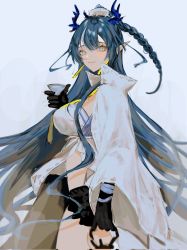 Rule 34 | 1girl, arknights, arm tattoo, black shorts, black skin, blue eyes, blue hair, braid, breasts, collared jacket, colored skin, cup, dragon girl, dragon horns, earrings, grey background, grey hair, hair between eyes, highres, holding, holding cup, horns, jacket, jewelry, large breasts, ling (arknights), long hair, looking at viewer, multicolored hair, nate71762013, necktie, open clothes, open jacket, pointy ears, shirt, short shorts, shorts, simple background, solo, strapless, streaked hair, tassel, tassel earrings, tattoo, tube top, very long hair, white jacket, white shirt, white tube top, yellow necktie