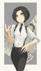 Rule 34 | 1girl, amelia shaw, asterisk kome, bird tail, bird wings, black hair, black necktie, black pants, blouse, cigarette, collared shirt, commentary request, green eyes, grey background, hand on own hip, highres, holding, holding cigarette, necktie, pants, shirt, short hair, signature, smoking, solo, standing, suspenders, tagme, tail, white background, white shirt, white wings, winged fusiliers, wings
