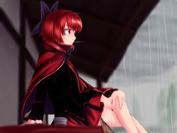 Rule 34 | 1girl, arm support, bare legs, blouse, bow, cape, cloud, cloudy sky, cup, dango, food, hair bow, hand on leg, high collar, highres, kys (k-k2), crossed legs, long sleeves, looking afar, rain, red eyes, red hair, sekibanki, shirt, short hair, sitting, skirt, sky, solo, teacup, toothpick, touhou, tree, tunic, wagashi, yunomi