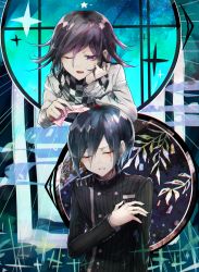 Rule 34 | 2boys, :d, ahoge, black hair, black jacket, checkered clothes, checkered neckwear, checkered scarf, cheek rest, closed eyes, commentary request, danganronpa (series), danganronpa v3: killing harmony, foreshortening, goto (sep), grey jacket, hand up, highres, holding, jacket, long sleeves, looking at another, looking down, male focus, multicolored background, multiple boys, oma kokichi, one eye closed, open mouth, purple eyes, purple hair, saihara shuichi, scarf, short hair, smile, star (symbol), star print, straitjacket, striped clothes, striped jacket, sweatdrop, upper body, vertical stripes, white jacket