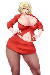 Rule 34 | 1girl, blonde hair, blue eyes, breasts, bursting breasts, cleavage, curvy, glasses, hands on own hips, huge breasts, jewelry, navel, necklace, original, pantyhose, saogokushi, short hair, simple background, skirt, solo, teacher, thick thighs, thighs, white background, wide hips
