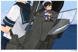 Rule 34 | 2girls, annin musou, bad id, bad twitter id, black hair, blue sailor collar, blue skirt, commentary request, fairy (kancolle), fish, fishing rod, fubuki (kancolle), glasses, head out of frame, kantai collection, low ponytail, machinery, mini person, minigirl, multiple girls, pleated skirt, ponytail, sailor collar, saury, school uniform, serafuku, skilled lookouts (kancolle), skirt, smokestack, solo focus, translation request, upper body