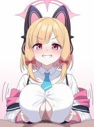 Rule 34 | 1boy, 1girl, absurdres, alternate breast size, animal ear headphones, animal ears, blonde hair, blue archive, blue necktie, blush, bow, breasts, collared shirt, fake animal ears, gradient background, grin, hair bow, halo, headphones, highres, large breasts, long sleeves, looking at viewer, male pubic hair, momoi (blue archive), motion lines, necktie, paizuri, penis, pink halo, pubic hair, red bow, red eyes, shirt, short hair, smile, vector (dmlddmld00), white shirt