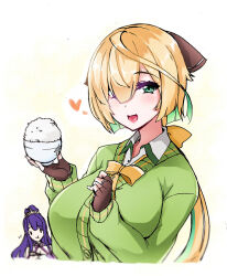 Rule 34 | 2girls, blonde hair, bolobolo, bowl, cardigan, chewing, fingerless gloves, food, gloves, green cardigan, green eyes, hair between eyes, hair ribbon, heart, holding, holding bowl, inaba gou, kenshin kanemitsu, low ponytail, multicolored hair, multiple girls, ponytail, purple hair, ribbon, rice bowl, tenka hyakken