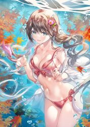 1girl :d bikini breasts brown_hair cleavage collarbone commentary front-tie_bikini_top front-tie_top green_eyes highres leaf long_hair maple_leaf medium_breasts miwabe_sakura navel open_mouth original red_bikini side-tie_bikini_bottom smile solo submerged swimsuit symbol-only_commentary tongue underwater