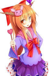 Rule 34 | 1girl, blush, bow, brown eyes, collarbone, cookie (touhou), hair bow, hair ornament, heart, highres, horns, ibuki suika, long hair, looking at viewer, open mouth, orange hair, purple skirt, red bow, skirt, smile, solo, szk, touhou, yamin (cookie)