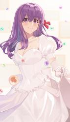 Rule 34 | 1girl, bad id, bad pixiv id, breasts, chip le cree, cleavage, closed mouth, collarbone, commentary request, dress, fate/stay night, fate (series), gloves, hair ribbon, heaven&#039;s feel, highres, jewelry, looking at viewer, matou sakura, medium breasts, necklace, official alternate costume, purple eyes, purple hair, red ribbon, ribbon, smile, solo, white dress, white gloves