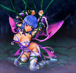 Rule 34 | 1girl, arms up, bare shoulders, blue footwear, blue hair, breasts, butterfly wings, cleavage, commentary request, curvy, detached collar, detached sleeves, dress, fairy wings, forest, full body, high heels, highres, insect wings, kneeling, lapis lazuli (merc storia), lavender dress, long hair, medium breasts, merc storia, nature, no bra, outdoors, pointy ears, pumps, purple eyes, self-upload, shoes, solo, tagme, thighhighs, thorns, torn clothes, torn dress, torn thighhighs, weillion, white thighhighs, wings