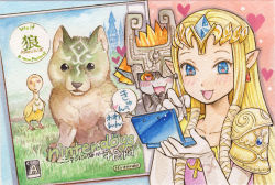 Rule 34 | 2girls, blonde hair, blue eyes, colored pencil (medium), company connection, dog, earrings, elbow gloves, fang, gloves, handheld game console, heart, jewelry, kitsune yume, link, wolf link, long hair, midna, multiple girls, nintendo, nintendo 3ds, nintendogs, oocca, ooccoo, orange hair, painting (medium), pointy ears, princess zelda, puppy, red eyes, sagawa yumeko, smile, squee, the legend of zelda, the legend of zelda: twilight princess, tiara, traditional media, watercolor (medium), wolf