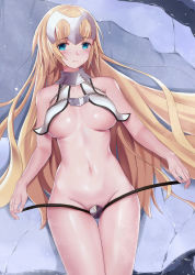 Rule 34 | 1girl, absurdres, alternate hairstyle, bare arms, bare shoulders, blonde hair, blue eyes, blush, breasts, breasts apart, chain, closed mouth, collar, cowboy shot, crotch plate, dankesang, fate/apocrypha, fate (series), from above, frown, groin, hair down, headpiece, highres, jeanne d&#039;arc (fate), jeanne d&#039;arc (ruler) (fate), jeanne d&#039;arc (third ascension) (fate), long hair, looking at viewer, looking up, lying, medium breasts, navel, on back, on ground, rock, solo, stomach, tareme, thigh gap, thighs, untied, very long hair, water