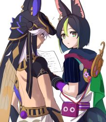 Rule 34 | 2boys, :o, animal ear fluff, animal ears, animal hat, black hair, black headwear, closed mouth, cyno (genshin impact), dark-skinned male, dark skin, earrings, egyptian clothes, fox boy, fox ears, fox tail, genshin impact, gloves, green eyes, green hair, hat, highres, holding, holding paper, jewelry, long hair, looking at viewer, looking back, multicolored hair, multiple boys, notice lines, paper, parted lips, red eyes, short sleeves, simple background, single earring, snzisnr, tail, tighnari (genshin impact), white background, white hair