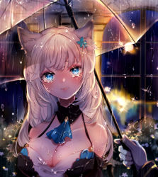 Rule 34 | 1girl, animal ear fluff, animal ears, bad id, bad pixiv id, bare shoulders, black collar, blue eyes, blue flower, blush, breasts, cat day, cat ears, chigiri kurenai, cleavage, collar, collarbone, commentary request, detached collar, dress, flower, frown, gloves, green ribbon, highres, holding, holding umbrella, large breasts, long hair, long sleeves, looking at viewer, original, plant, rain, ribbon, solo focus, tears, umbrella, wet, wet clothes, white dress, white gloves, white hair, window