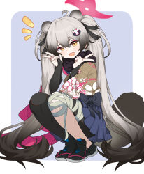 Rule 34 | 1girl, ahoge, animal ears, animal hair ornament, black footwear, black ribbon, black scarf, black thighhighs, blue archive, blue skirt, border, double v, eyeliner, fang, floral print, full body, grey hair, hair between eyes, hair ornament, hair ribbon, halo, hands up, highres, long hair, looking at viewer, makeup, michiru (blue archive), neckerchief, ninja, notice lines, open mouth, outside border, pink eyeliner, pink halo, pink neckerchief, pleated skirt, purple background, raccoon ears, raccoon girl, raccoon tail, ribbon, scarf, shirt, simple background, single thighhigh, skirt, smile, solo, squatting, tail, teallysky, thighhighs, twintails, v, white border, white shirt, yellow eyes