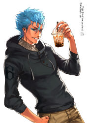 Rule 34 | 1boy, absurdres, artist name, black hoodie, bleach, blue eyes, blue hair, brown pants, bubble tea, character name, contemporary, cup, disposable cup, drinking straw, eyeshadow, grimmjow jaegerjaquez, hair between eyes, hand in pocket, highres, holding, holding cup, hood, hood down, hoodie, makeup, male focus, p-pigling, pants, smirk, solo, spiked hair, white background