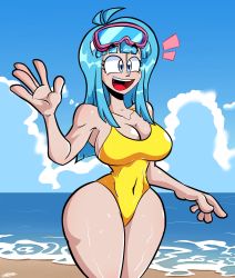 Rule 34 | 1girl, absurdres, artist request, bare shoulders, beach, blue eyes, blue hair, blue sky, bouncing breasts, breasts, casual one-piece swimsuit, cleavage, curvy, derivative work, diving mask, diving mask on head, dragon ball, dragonball z, goggles, goggles on head, highleg, highleg swimsuit, highres, long hair, looking at viewer, maron (dragon ball), maron redraw challenge (meme), meme, meme attire, one-piece swimsuit, salute, screenshot redraw, shiny skin, sky, smile, swimsuit, water, wide hips, yellow one-piece swimsuit