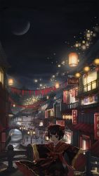 Rule 34 | 1girl, architecture, artist name, black eyes, black hair, bridge, bun cover, chinese clothes, chinese new year, crowd, dated, double bun, east asian architecture, einess, hair bun, highres, lantern, looking at viewer, moon, night, original, outdoors, outstretched arms, paper lantern, river, short hair, smile, solo focus, wide sleeves