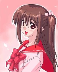 Rule 34 | 00s, 1girl, :d, blush, bow, bowtie, brown eyes, brown hair, hair between eyes, looking at viewer, lowres, open mouth, pink background, sailor collar, sidelocks, simple background, smile, solo, to heart (series), to heart 2, yuzuhara konomi