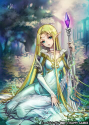 Rule 34 | 1girl, absurdly long hair, blonde hair, blue dress, choker, copyright notice, dress, earrings, elf, forest, green eyes, highres, holding, holding staff, jewelry, long hair, looking at viewer, nature, niberungen senki, official art, outdoors, parted lips, pointy ears, solo, staff, umiu geso, very long hair, white choker