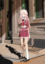 Rule 34 | 1girl, absurdres, black footwear, blue eyes, blurry, blurry background, blush, bow, bowtie, building, cevio, closed mouth, collared shirt, commentary, day, full body, hair between eyes, hands up, highres, ia (vocaloid), jacket, kabuyama kaigi, kneehighs, light smile, loafers, long bangs, long hair, long sleeves, looking at viewer, open clothes, open jacket, outdoors, pink hair, plaid, plaid jacket, plaid skirt, pleated skirt, red bow, red bowtie, red vest, shadow, shirt, shoes, skirt, sleeve cuffs, socks, solo, standing, urban, very long hair, vest, vocaloid, white shirt, white socks