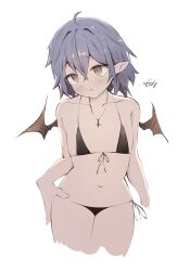 Rule 34 | 1girl, ahoge, bikini, black bikini, blush, closed mouth, commentary request, cross, cross necklace, flat chest, highres, jewelry, korean commentary, looking at viewer, navel, necklace, pointy ears, remilia scarlet, short hair, signature, simple background, swimsuit, touhou, white background, ycl 090