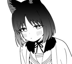 Rule 34 | 1girl, animal ear fluff, animal ears, blue archive, blush, choker, closed mouth, commentary, greyscale, kikyou (blue archive), looking at viewer, monochrome, open clothes, parted bangs, sailor collar, seramikku, shirt, simple background, solo, upper body, white background