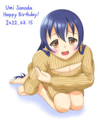 Rule 34 | 1girl, artist name, artist request, bare legs, barefoot, blue hair, blush, breasts, brown eyes, brown sweater, cleavage, cleavage cutout, clothing cutout, dated, feet, female focus, full body, hair between eyes, hair over shoulder, highres, long hair, long sleeves, looking at viewer, love live!, love live! school idol project, nodoca prhythm, parted lips, sitting, small breasts, smile, solo, sonoda umi, sweater, white background, worried, yellow eyes